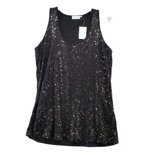 NWT La Strada Black Sequin Tank Blouse‎ Womens 8/10 M (EU 40) Scoop Neck Festive